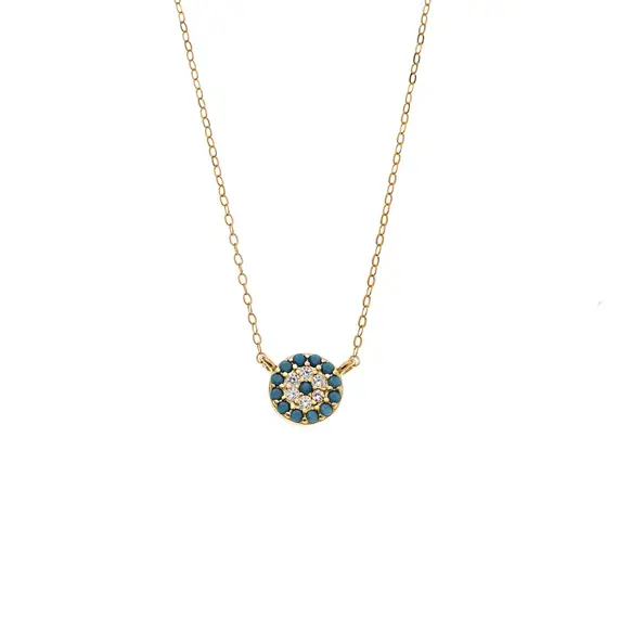 Κολιέ Senza Silver 925 Gold Plated, Στρογγυλό τυρκουάζ ματάκι με ζιργκόν