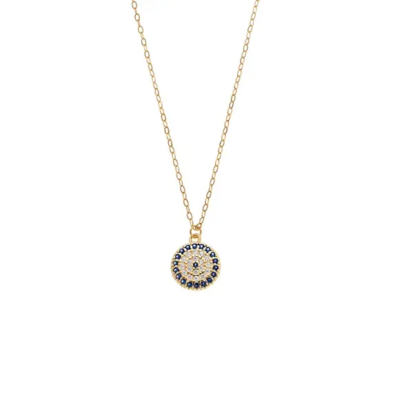 Κολιέ Senza Silver 925 Gold Plated, Στρογγυλό μπλε ματάκι στόχος με ζιργκόν