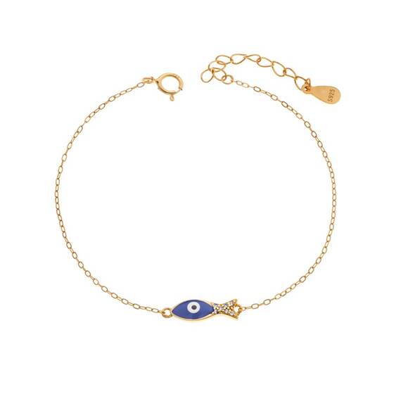 Βραχιόλι Senza Silver 925 Gold Plated, Ψαράκι με μπλε σμάλτο και ζιργκόν