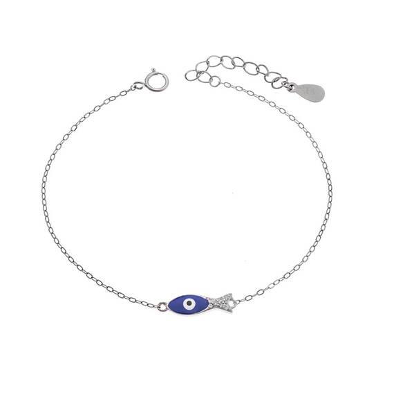 Βραχιόλι Senza Silver 925, Ψαράκι με μπλε σμάλτο και ζιργκόν