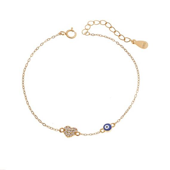 Βραχιόλι Senza Silver 925 Gold Plated, Μάτι με μπλε σμάλτο και καρδιά με ζιργκόν