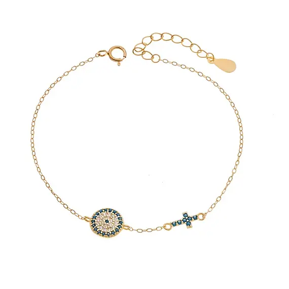 Βραχιόλι Senza Silver 925 Gold Plated, Μάτι-στόχος και σταυρός με τυρκουάζ ζιργκόν