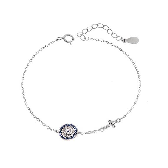 Βραχιόλι Senza Silver 925, Μάτι-στόχος και σταυρός με ζιργκόν
