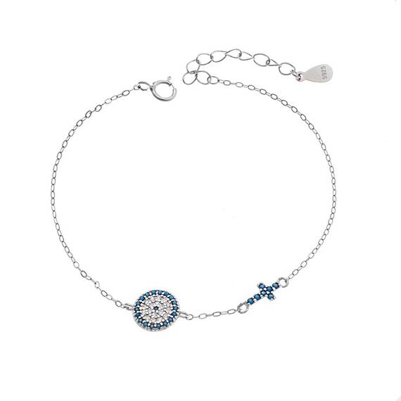 Βραχιόλι Senza Silver 925, Μάτι-στόχος και σταυρός με τυρκουάζ ζιργκόν