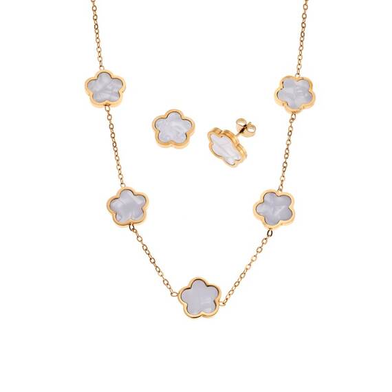 Σετ Γυναικείο Senza Gold Plated Stainless Steel, Κολιέ και σκουλαρίκια με λευκές μαργαρίτες