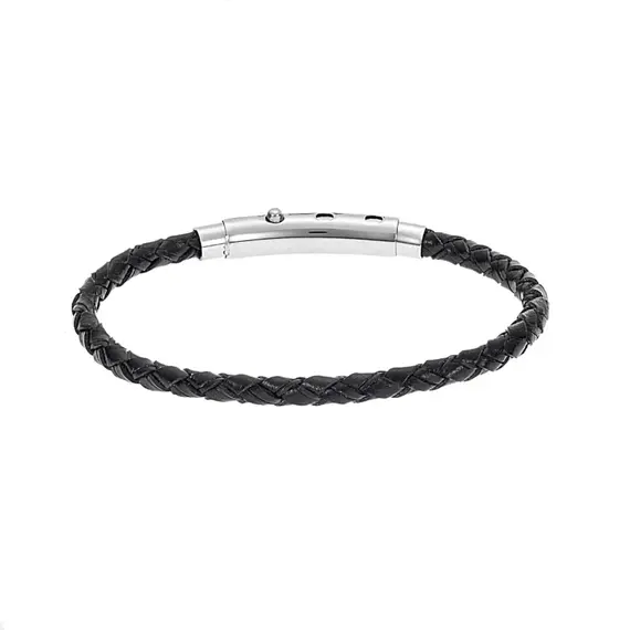 Βραχιόλι Senza Men&#039;s Steel Black Leather Strap