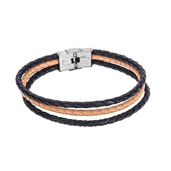Βραχιόλι Senza Men&#039;s Steel Black &amp; Beige Leather Strap