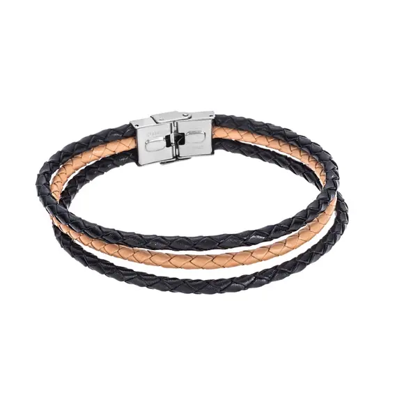 Βραχιόλι Senza Men&#039;s Steel Black &amp; Beige Leather Strap