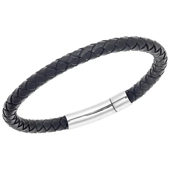 Βραχιόλι Senza Men&#039;s Steel Black Leather Strap